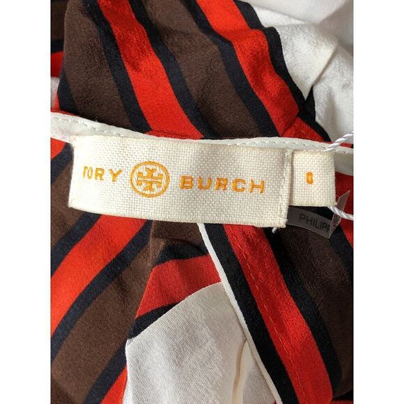 Tory Burch Maverick Top 100% Silk Flare Sleeve Striped Ivory Red NWT 0 - Picture 10 of 12